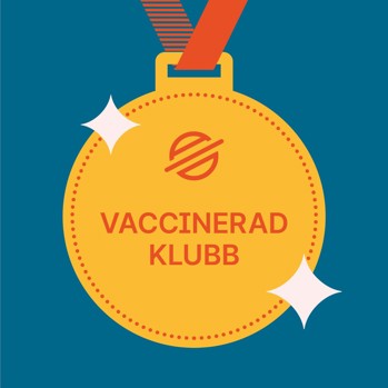 Illustrerad bild på en medalj med texten "Vaccinerad klubb"